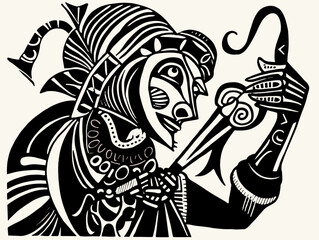 A Black And White Drawing Of A Man Holding A Bird - The Court Jester expressionist woodcut. - obrazy, fototapety, plakaty