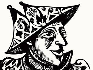 A Black And White Drawing Of A Man Wearing A Hat - The Court Jester expressionist woodcut. - obrazy, fototapety, plakaty