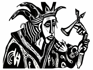 A Black And White Drawing Of A Man Holding An Ax - The Court Jester expressionist woodcut. - obrazy, fototapety, plakaty