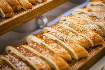 Bread on a shelf in a bakery. Shallow depth of field.