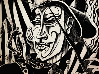 A Black And White Drawing Of A Man - The Court Jester expressionist woodcut.