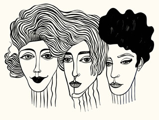 A Group Of Women With Different Hair Styles - Three friends together on white.