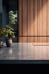 Close-up of a minimalist abstract kitchen with glass, wood and marble, eve with natural light. Inspired by Japanese influences.