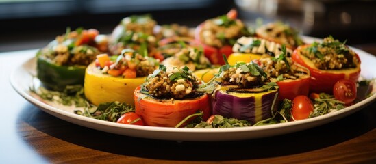 The gourmet plate displayed an assortment of healthy, raw dishes, including stuffed tomatoes with turmeric-infused cashew filling, a nutrient-rich corn salad, and other antioxidant-packed foods