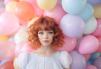 Obraz premium Fun creative pastel colorful concept of a young beautiful girl with ballons