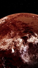 Red rocky desert Mars like planet. Thin atmosphere and clouds. 3D illustration concept of terran world. Barren and dry conditions. Earth ecosystem in extreme climate change drought oceans apocalypse.