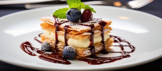 In a French gourmet restaurant, a skilled chef creates an indulgent dessert with baked chocolate pastry, delighting guests with its rich flavor and smooth sauce, all captured in an enticing white