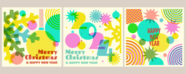 Colorful geometric shape background in trendy riso graph print texture style. Vector illustrator. Merry risograph christmas and happy new year modern background for design and card, covers, package