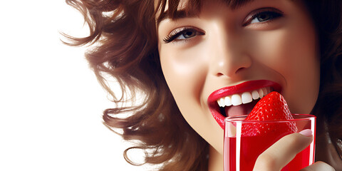 Woman smiling mouth with Strawberry juice