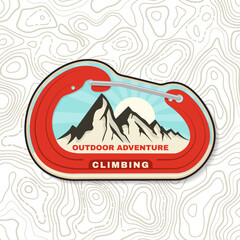 Climbing badge, logo, patch, sticker. Vector. Concept for shirt or logo, print, stamp or tee. Vintage typography design with mountain and old metal climbing ice-axe silhouette. Outdoors adventure