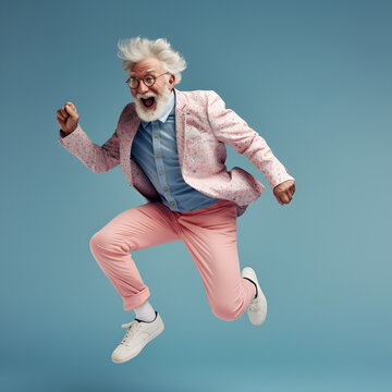 old man in pastel clothes jumping on blue background