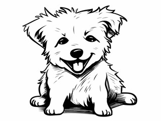 A Black And White Drawing Of A Dog - White puppy with smiling face in white background