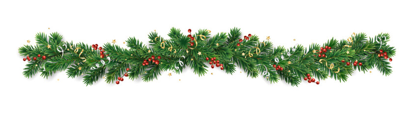 Christmas tree garland isolated on transparent background. Realistic pine tree branches with holly berry decoration. Vector border for holiday banners, party posters, cards, headers. - obrazy, fototapety, plakaty
