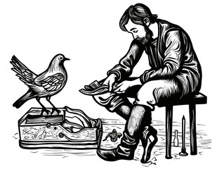 A Man Sitting On A Chair Putting On A Hat - woodcut of a dove and a shoemaker.
