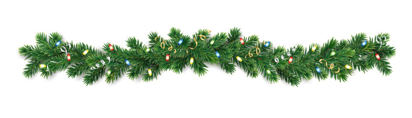 Christmas tree garland isolated on trasparent background. Realistic pine tree branches with colourful Christmas lights decoration. Vector border for holiday banners, posters, cards. © Olga Prozorova
