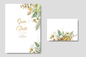  beautiful wedding card with green and golden leaves 