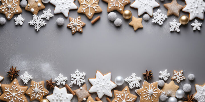 Top view Christmas background with gingerbread cookies in the shapes of stars decorated with white icing. Flat lay with copy space for text.Holiday cards, advertising,decorative element in design.