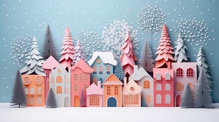 greeting card, pastele colors, abstract christmas winter fairytale with trees and houses, in the style of paper sculpture