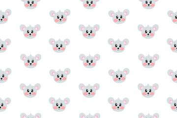 Fototapeta premium Seamless pattern with cartoon vector kawaii little cute mouse face or head for kids, baby, children nursery, fabrics. Vector wallpaper illustration
