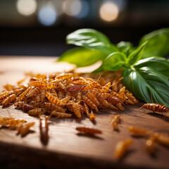 Eatable worms on wooden table with basil Sustainable protein