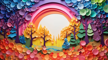greeting card, pastele colors, abstract forest with a rainbow, in the style of paper sculpture