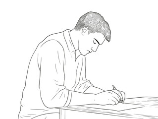 A Man Writing On A Piece Of Paper - Young Student bored at work