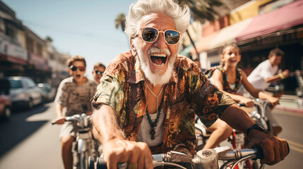 stylish elderly man on a bicycle in stylish clothes with an incredible smile in the city surrounded by a group of stylish cheerful children in an atmosphere of freedom