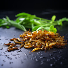  Eatable worms on black surface  with drops of water with basil Sustainable protein