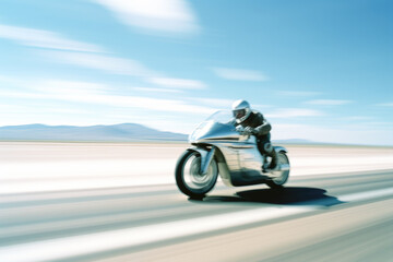 Fototapeta na wymiar Man on a motorcycle zooming along the road.
