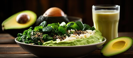 background of the old wooden table, a white dish filled with a healthy breakfast of scrambled eggs and avocado sits alongside black coffee beans and a green smoothie, highlighting the natural and