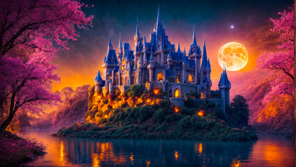 Fototapeta na wymiar Fantastic fairytale castle, night, moon