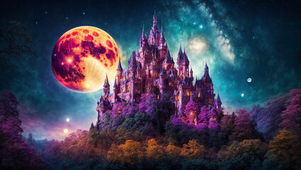 Fantastic fairytale castle, night, moon - obrazy, fototapety, plakaty