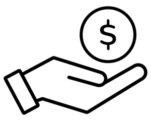 Money icon in hand palm, giving a cash. Cash collect symbol. Dollar currency, euro coin. Pictograph of money on hand for web, website or mobile app. Black linear icon, hand holding coins. PNG, Vector
