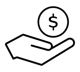 Hand holding coins icon. Money icon in hand palm, giving a cash. Cash collect symbol. Dollar currency, euro coin. Pictograph of money on hand for web, website or mobile app. Black linear icon