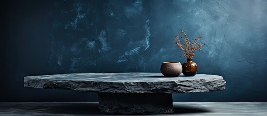 In the interior of the room, a grunge blue wall with abstract textures contrasted beautifully with the old marble floor, showcasing a unique design. On the table, an old stone plate served as a