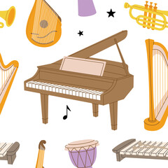 Musical instruments seamless banner. Tuba, trumpet, drum flute, french horn, lute, violin, electric bass guitar. Colored musical instruments pattern