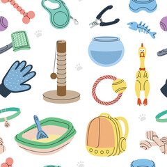 Obraz premium Pet supplies pattern. Animals accessories, toy supplies banner. Sleeping pillow, chew toy, medal, scissors, nail clipper, brush, fur remover, aquarium