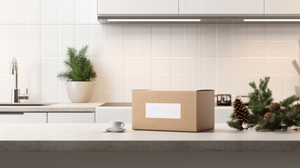 Holiday branding mockup with cardboard box and pine branch on kitchen counter. modern Christmas packaging presentation in a cozy kitchen setting.