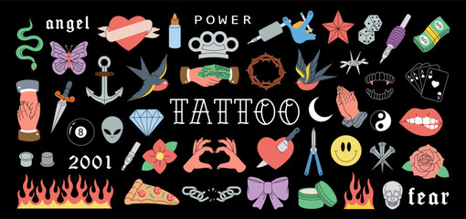 Tattoo set. Old school tattoos. Various old school tattoos. Swallow, rose, heart, knife, anchor, skull, hands, flowers, snake. Vector illustration.