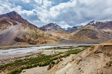 View of Spiti valley and Spiti river in Himalayas. Spiti valley, Himachal Pradesh, India