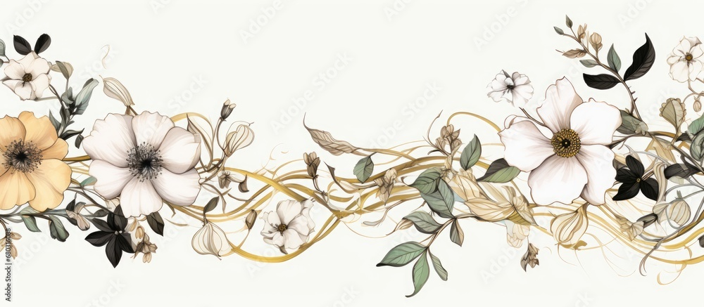 Wall mural In an elegant vintage wedding, an abstract floral design adorned the white background framed by delicate gold illustrations and retro black lines. The intricate combination of white flowers, leaves