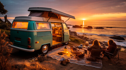 people relax next to a camper on the shore of a reservoir at sunset in which people travel as a lifestyle to gain maximum knowledge about themselves and the planet