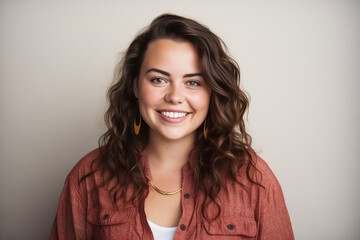 Fototapeta premium Front portrait of smiling young chubby girl with wavy brown hair and nice smile.