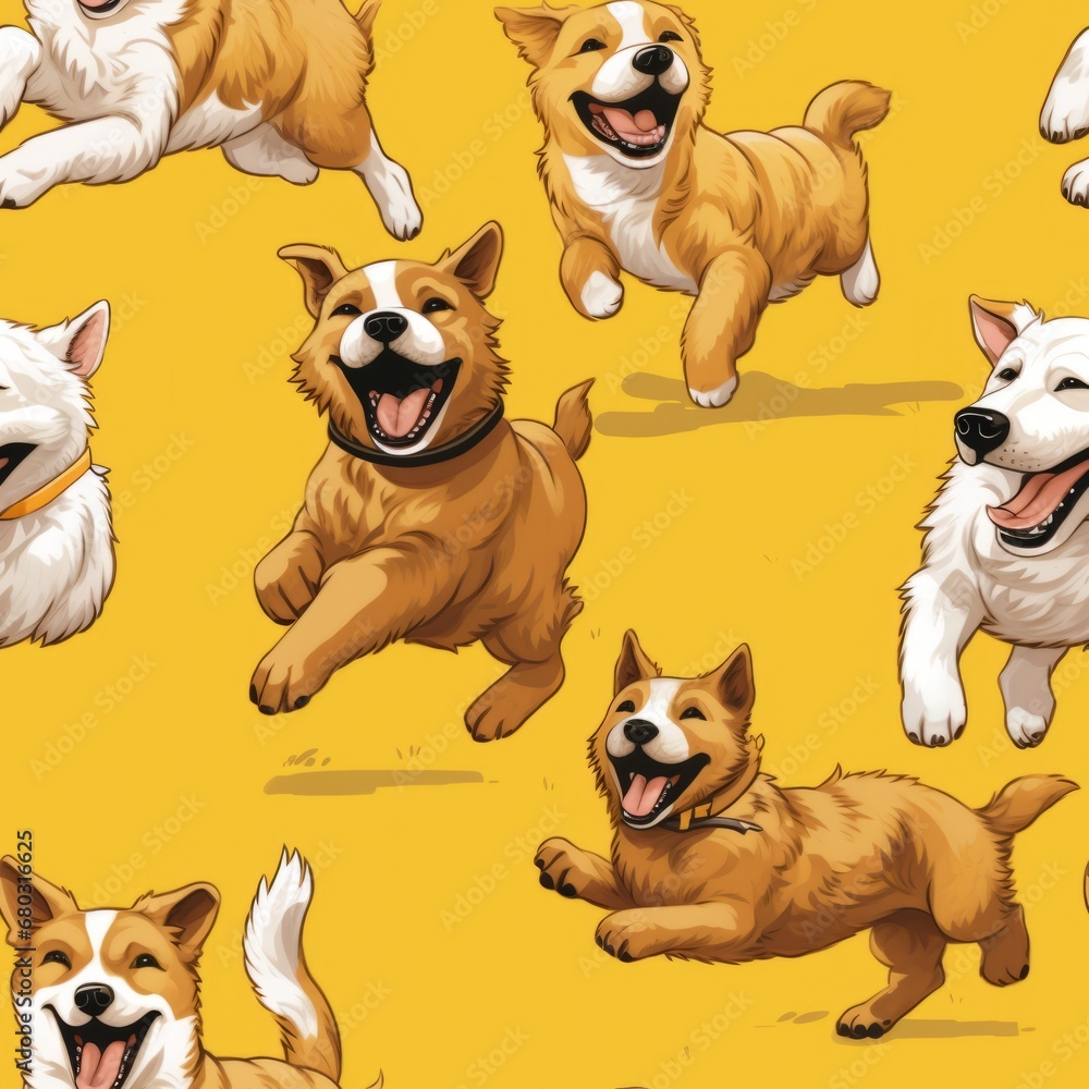Poster vibrant seamless pattern with playful dogs in various poses and colors, adding joy to projects.