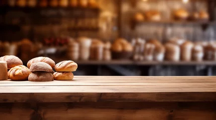 Photo sur Plexiglas Boulangerie Wooden bakery table, empty board for presenting flour products