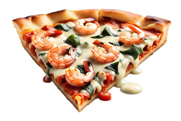Fatia de pizza de camarão grande. Deliciosa pizza de camarão com queijo e ervas visto de perto. - obrazy, fototapety, plakaty