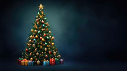 Christmas Tree with Gifts on a Dark Background Banner with Space for Text 