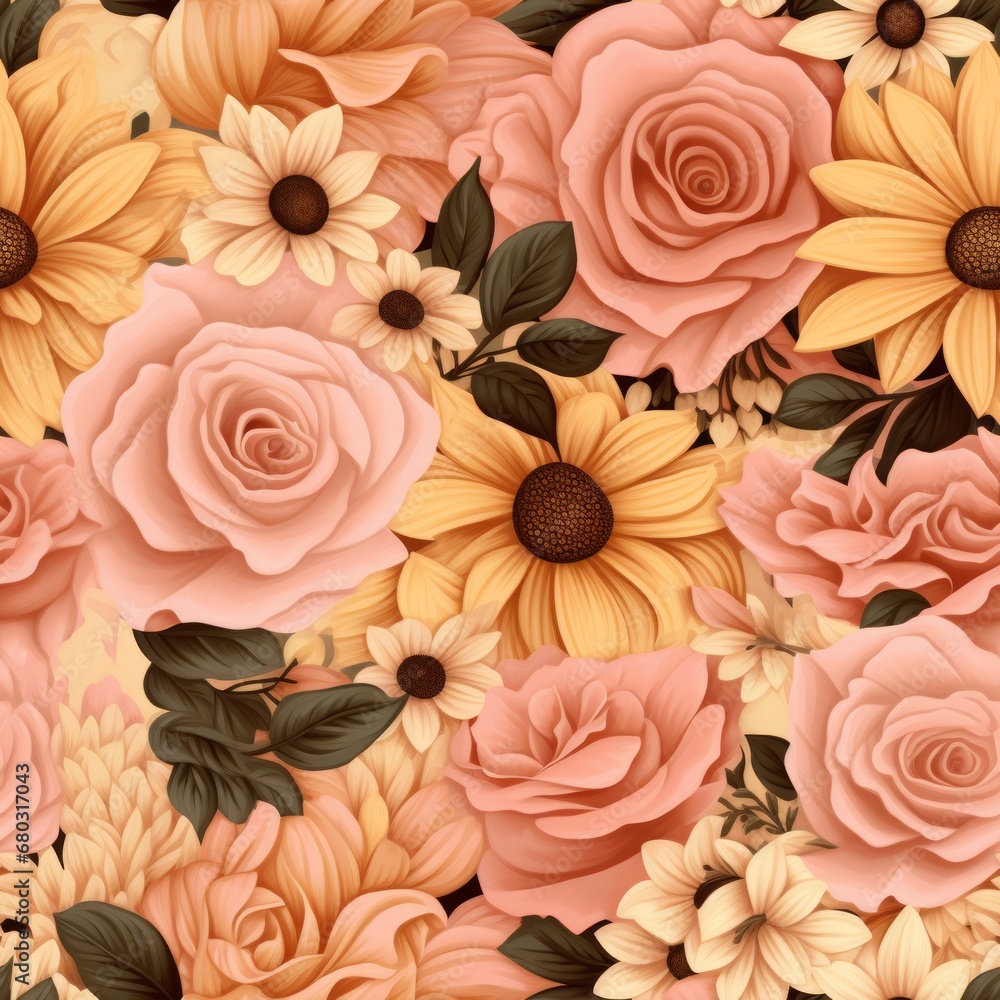 Poster vibrant sunflowers seamless pattern with assorted sizes and hues, creating a balanced composition.