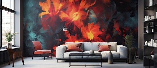 In an abstract design with a black grunge background, an artist unleashed a vibrant burst of colors, using red and orange to create an earthy texture, incorporating patterns and textures to bring the