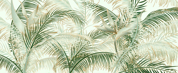 Art background with tropical palm leaves in line art style. Botanical banner for decoration, print, textile, interior design, poster, wallpaper, packaging.